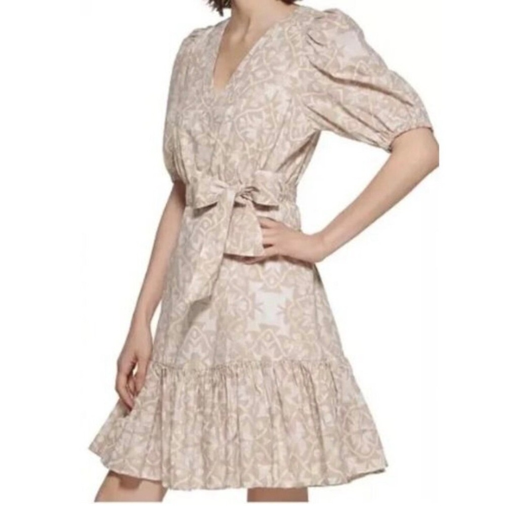 Calvin Klein Cotton Tile Print Puff Sleeve Mini Dress Tan White Size 8